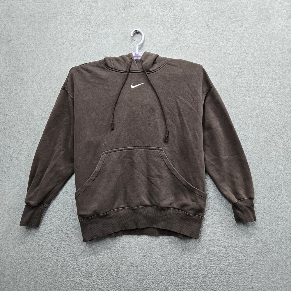 Nike Men Hoodie L Brown Fleece Embroidered Logo Center Mini Swoosh Pullover READ